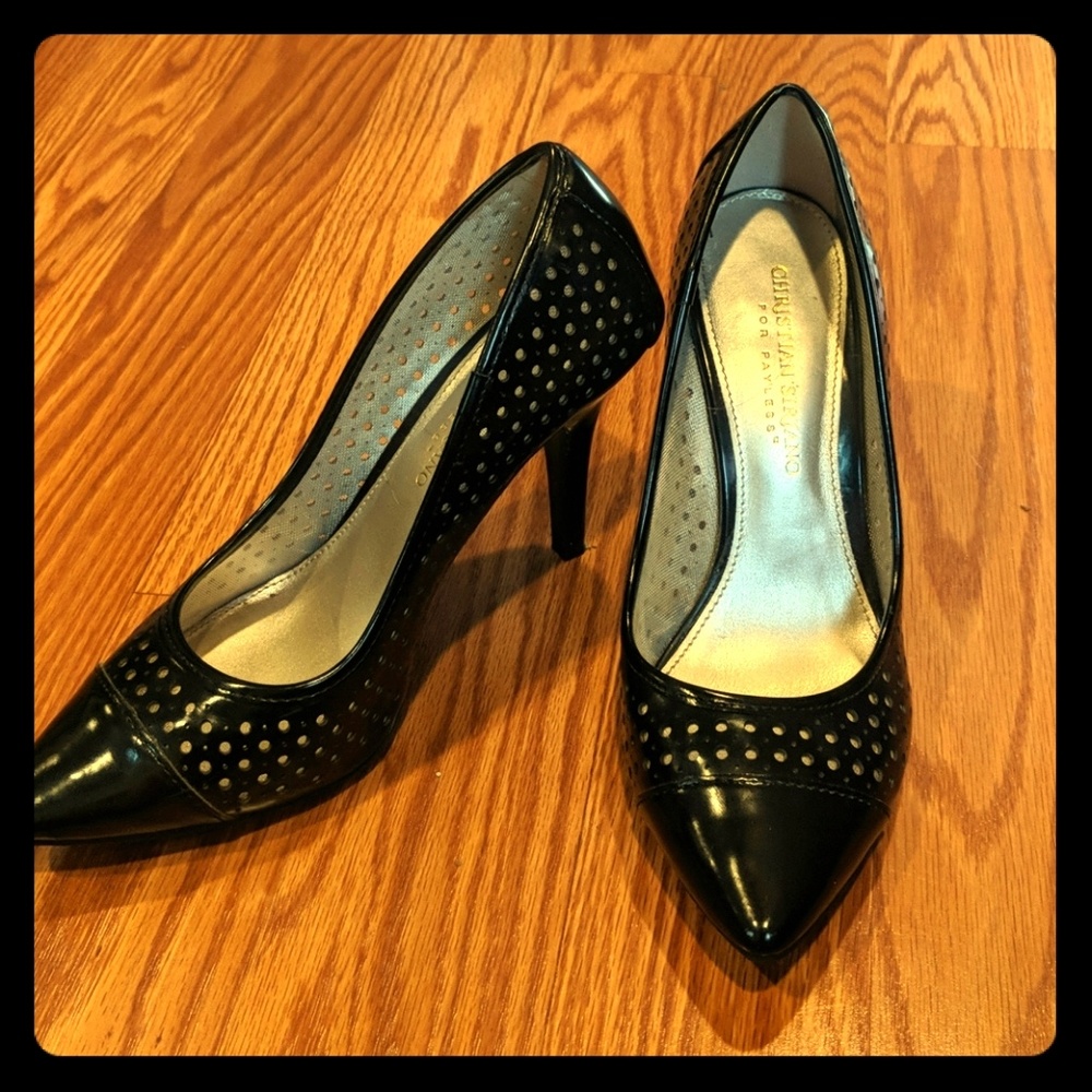 Edgy black leather pointed toe heel